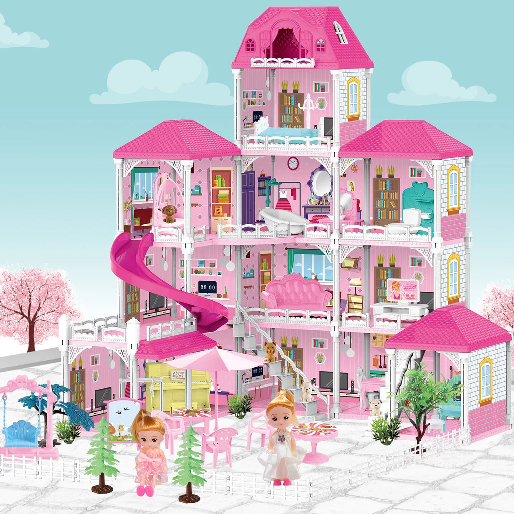 Dollhouse for Girls, 4 Stories 12 Rooms with 2 Princesses and Slide Accessories V867463