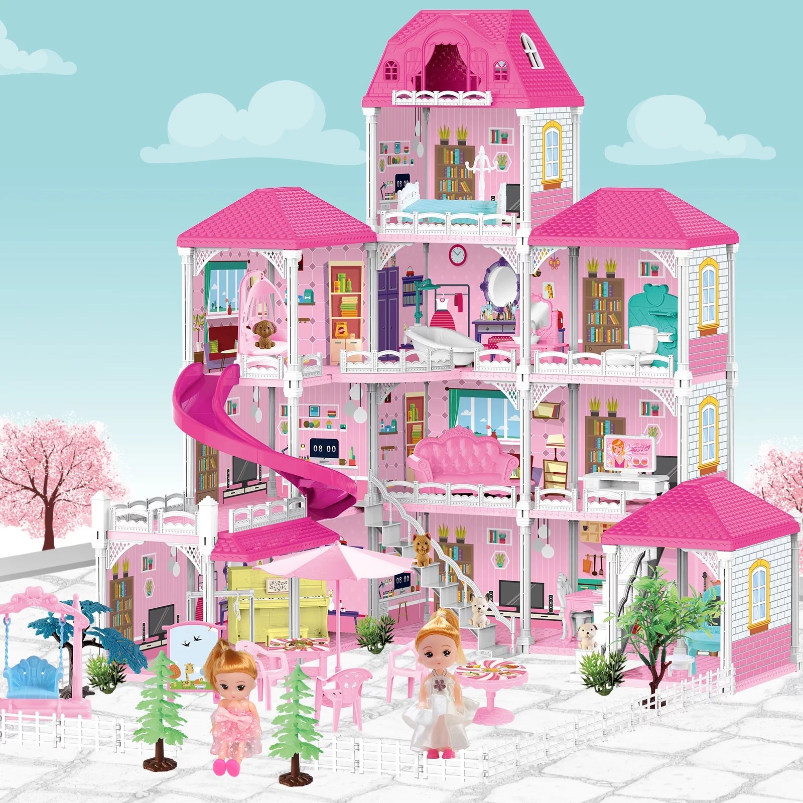 Dollhouse for Girls, 4 Stories 12 Rooms with 2 Princesses and Slide Accessories V867463