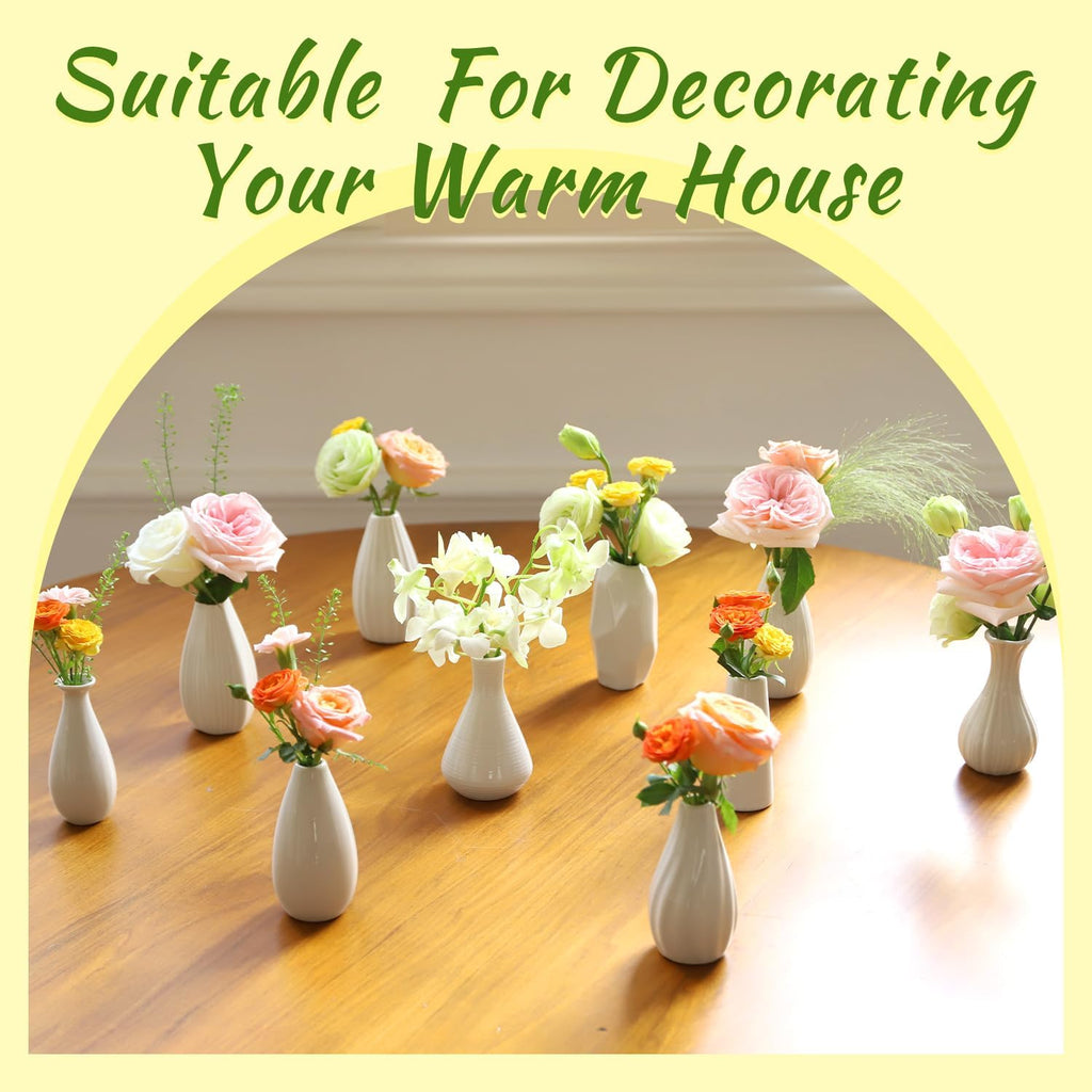 Mini Ceramic Vase Set of 10, 4 Inch White Bud Vases for Table Decor K6782