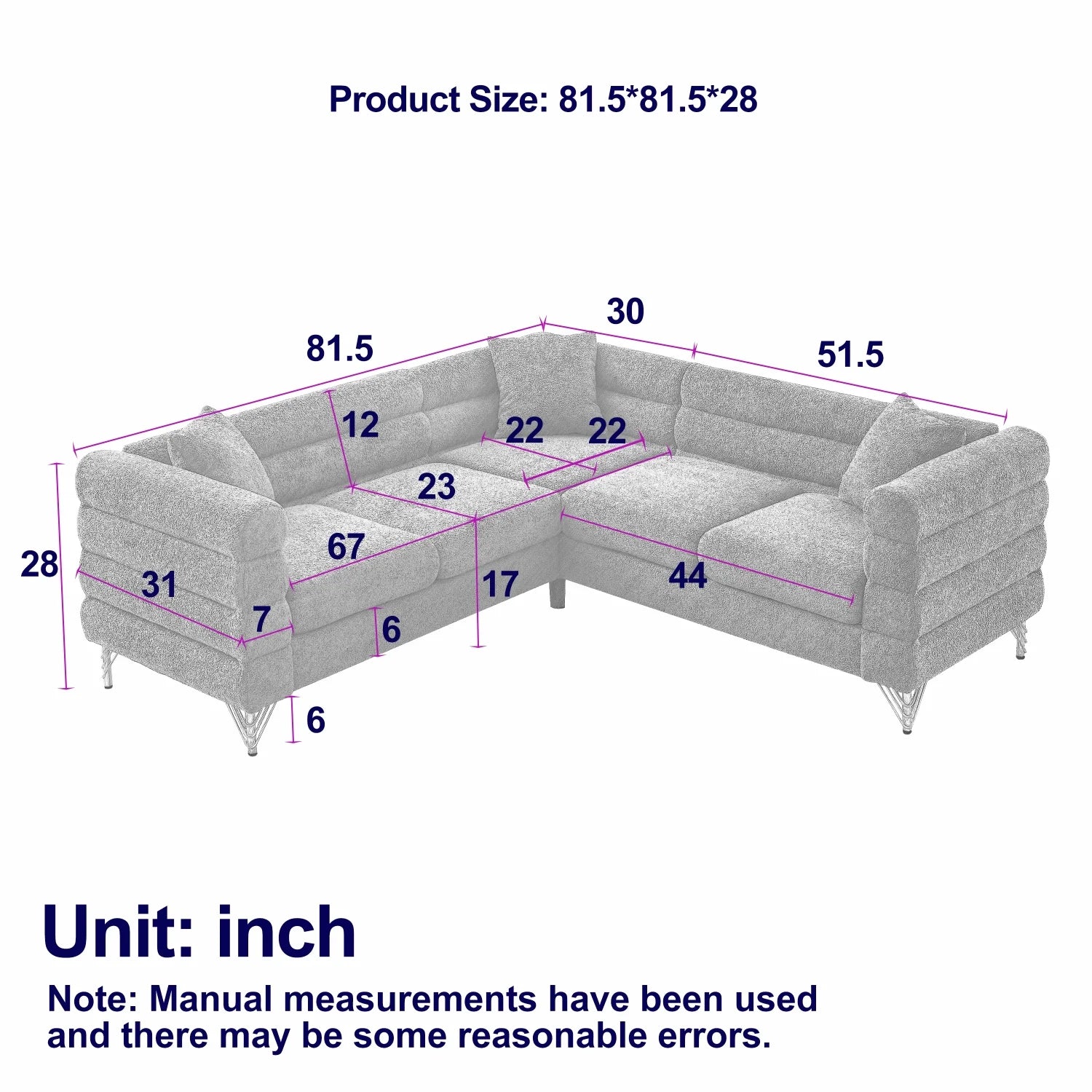 81" Oversized Corner Sofa Set, L-Shaped Sectional Couch, 5-Seater with 3 Cushions K33379