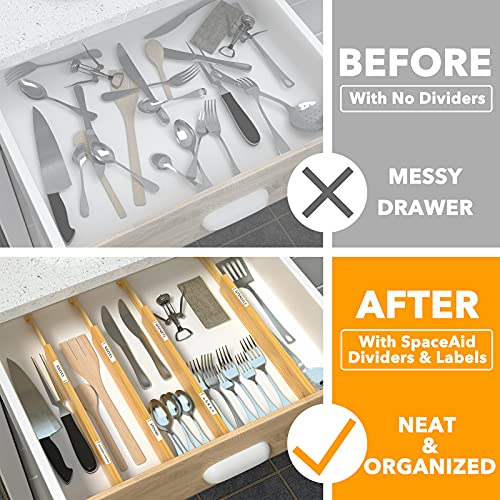 Bamboo Drawer Dividers with Labels, Adjustable Organizers, 6 Pack I1088