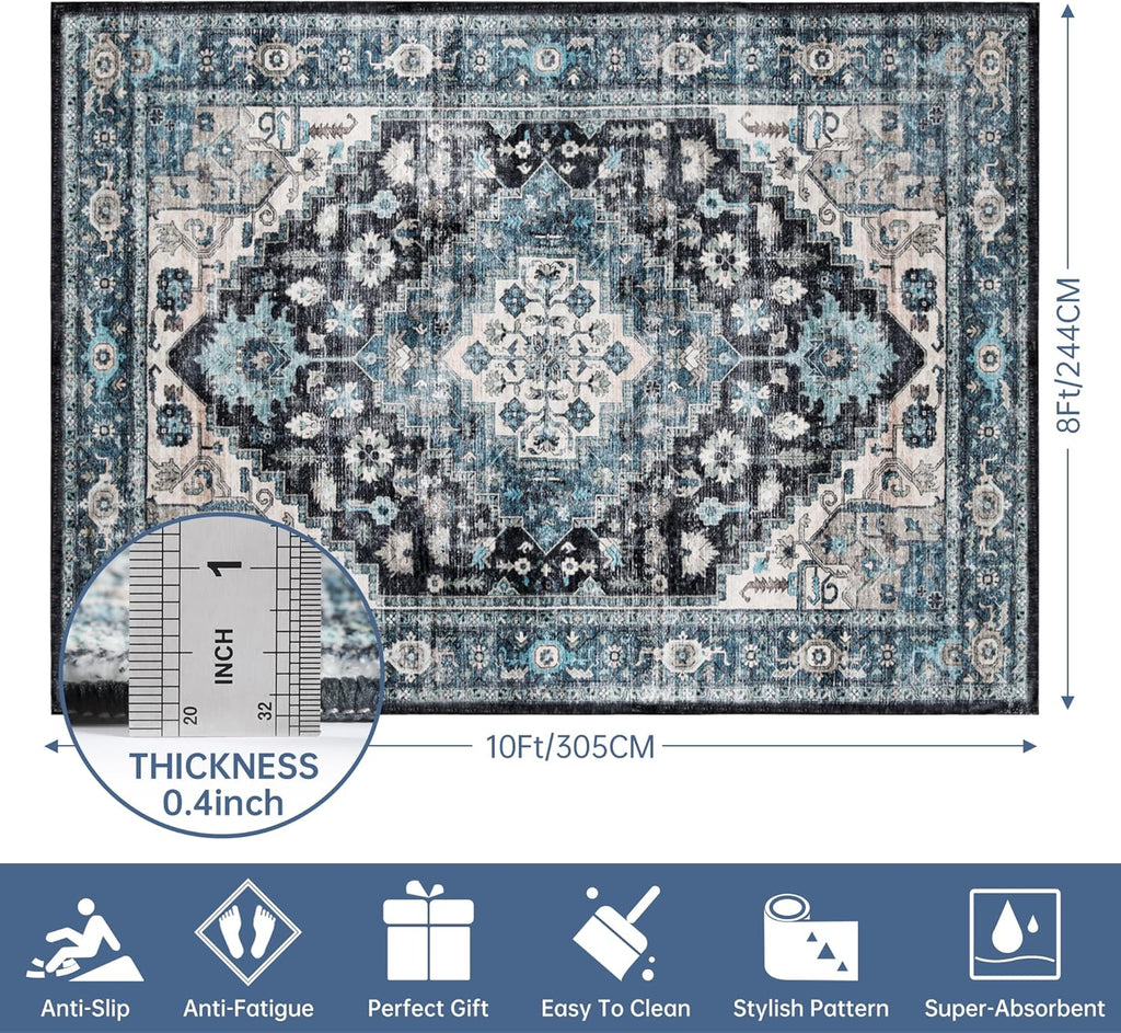 Vintage Blue 8x10 Non-Slip Washable Area Rug for Living Room J880404