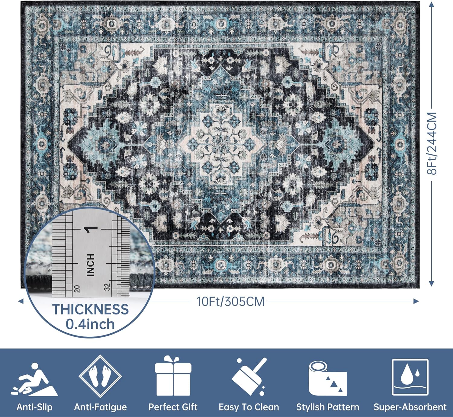 Vintage Blue 8x10 Non-Slip Washable Area Rug for Living Room J880404
