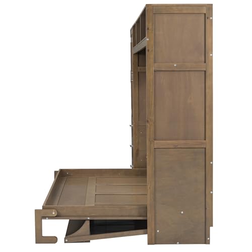 Full Size Murphy Bed with Wardrobe, Storage Drawers and Open Shelves, Solid Wood Wall Bed Frame for Bedroom Guest Room Home Office Study, Easy Assembly (Antique Grey, Full) C74375