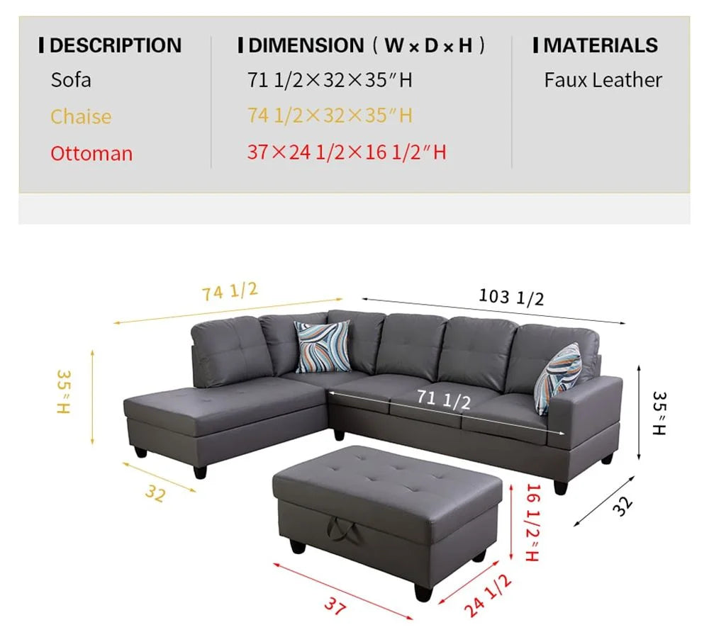 Faux Leather Sectional with Ottoman, Left Hand Facing, Dark Grey A734