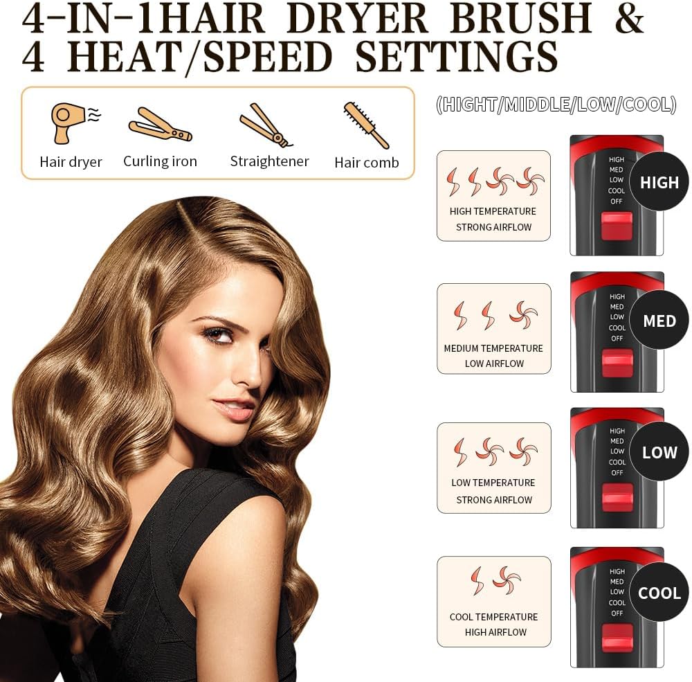 Hair Dryer Brush, 4-in-1 Hot Air Styler with Negative Ion Ceramic Titanium Barrel P149