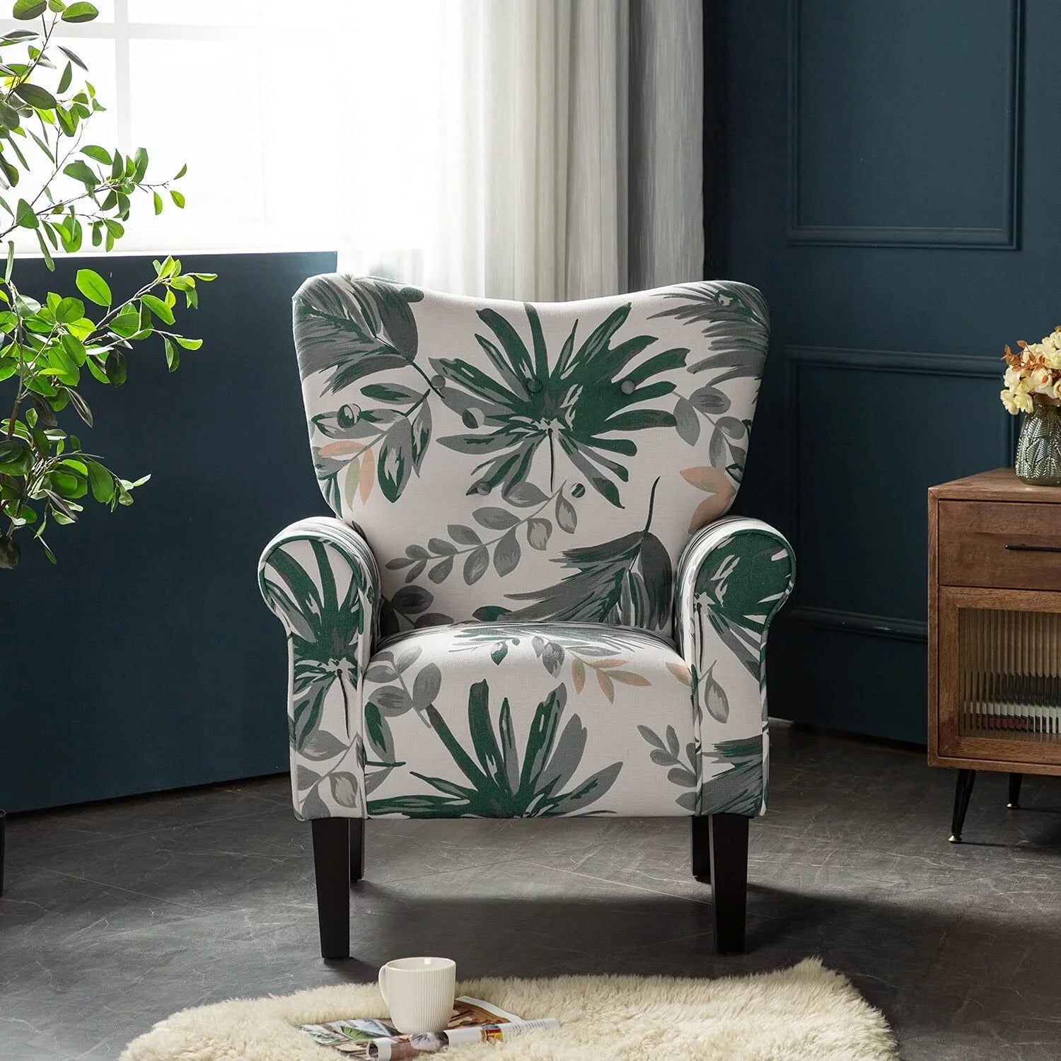 Wing Back Arm Chair, Upholstered Fabric High Back with Wood Legs A21142