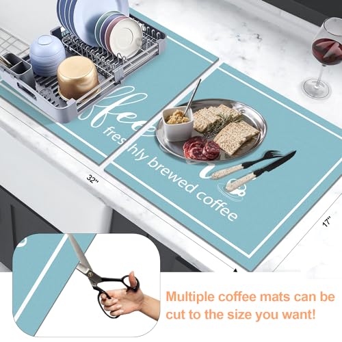 Dish Drying Mat for Countertops, Absorbent Coffee Bar Mat with Coffee Cup Pattern, Linen G600