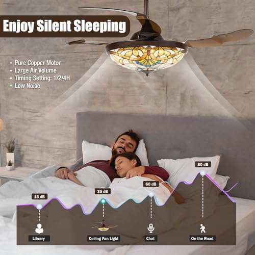 Tiffany Style 42 Inch Stained Glass Ceiling Fan with Light and Remote Control X80082