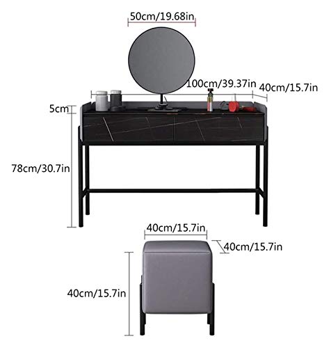 Dressing Vanity Table with Stool, 2 Drawers, Round Mirror and Cushioned Stool X408315