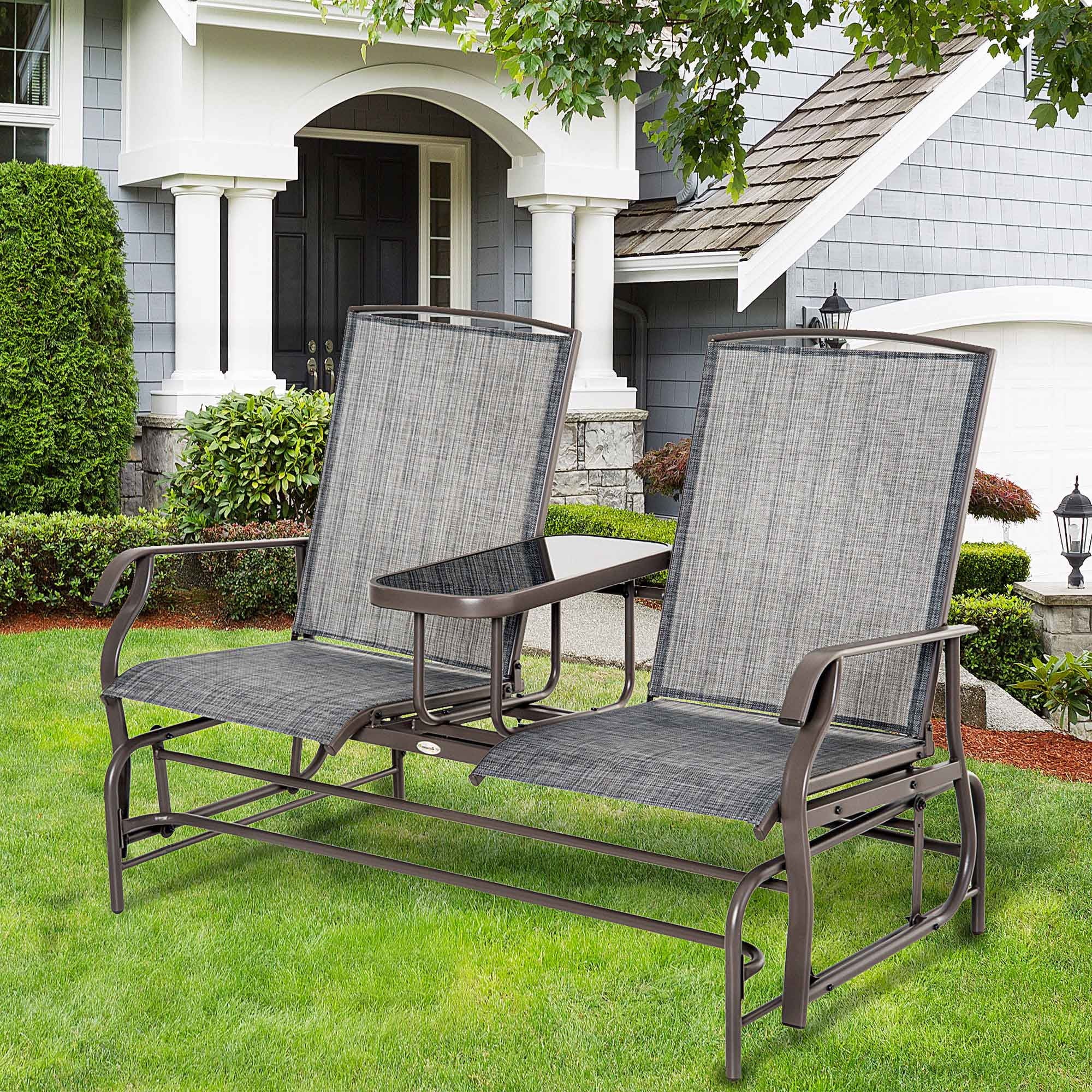 Outdoor Glider Bench with Center Table, Metal Frame Patio Loveseat Q793223