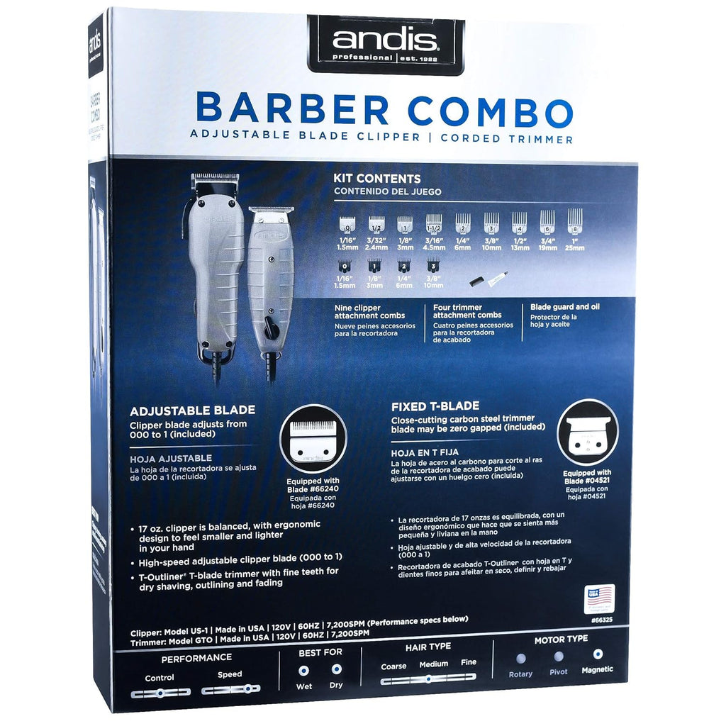 Barber Combo - High-Speed Adjustable Clipper & T-Blade Trimmer with Fine Teeth for Dry Shaving, Outlining and Fading U9813