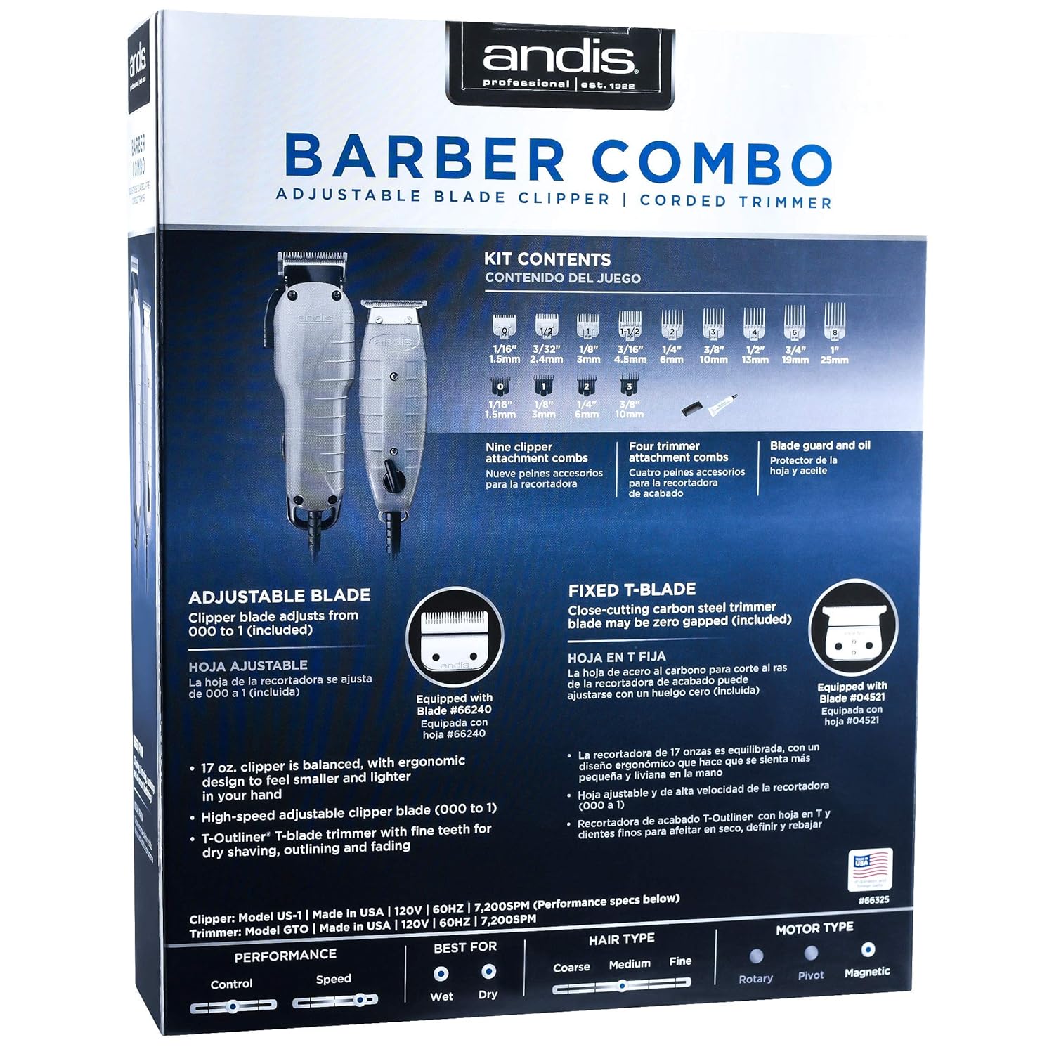 Barber Combo - High-Speed Adjustable Clipper & T-Blade Trimmer with Fine Teeth for Dry Shaving, Outlining and Fading U9813