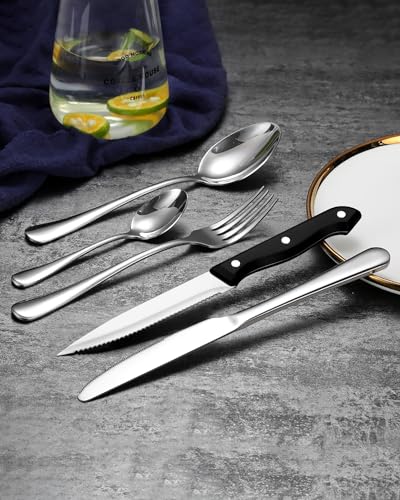 48-Piece Hammered Silverware Set with Steak Knives for 8, Stainless Steel Flatware, Dishwasher Safe W267801