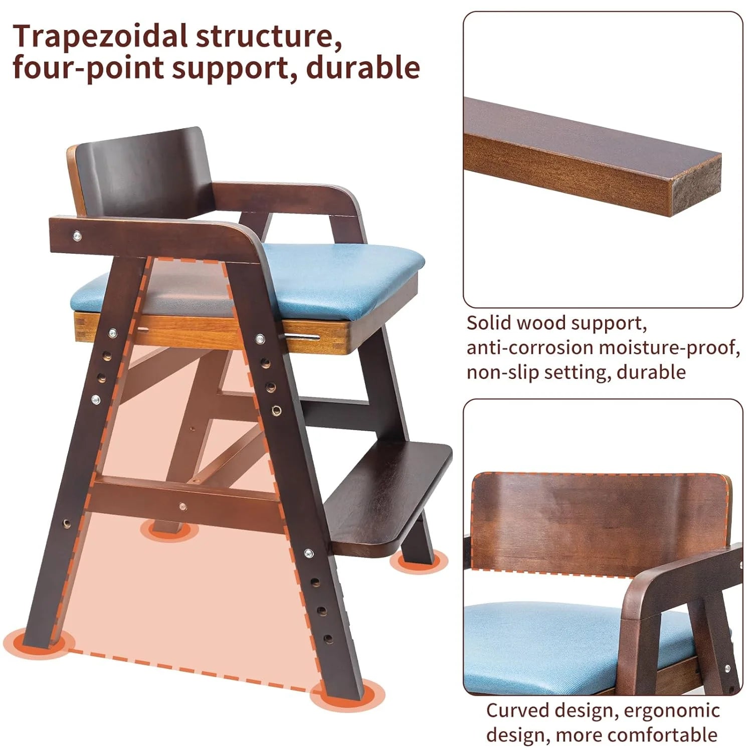 Wooden High Chair for Toddlers, Adjustable, with Waterproof Cushion H4186