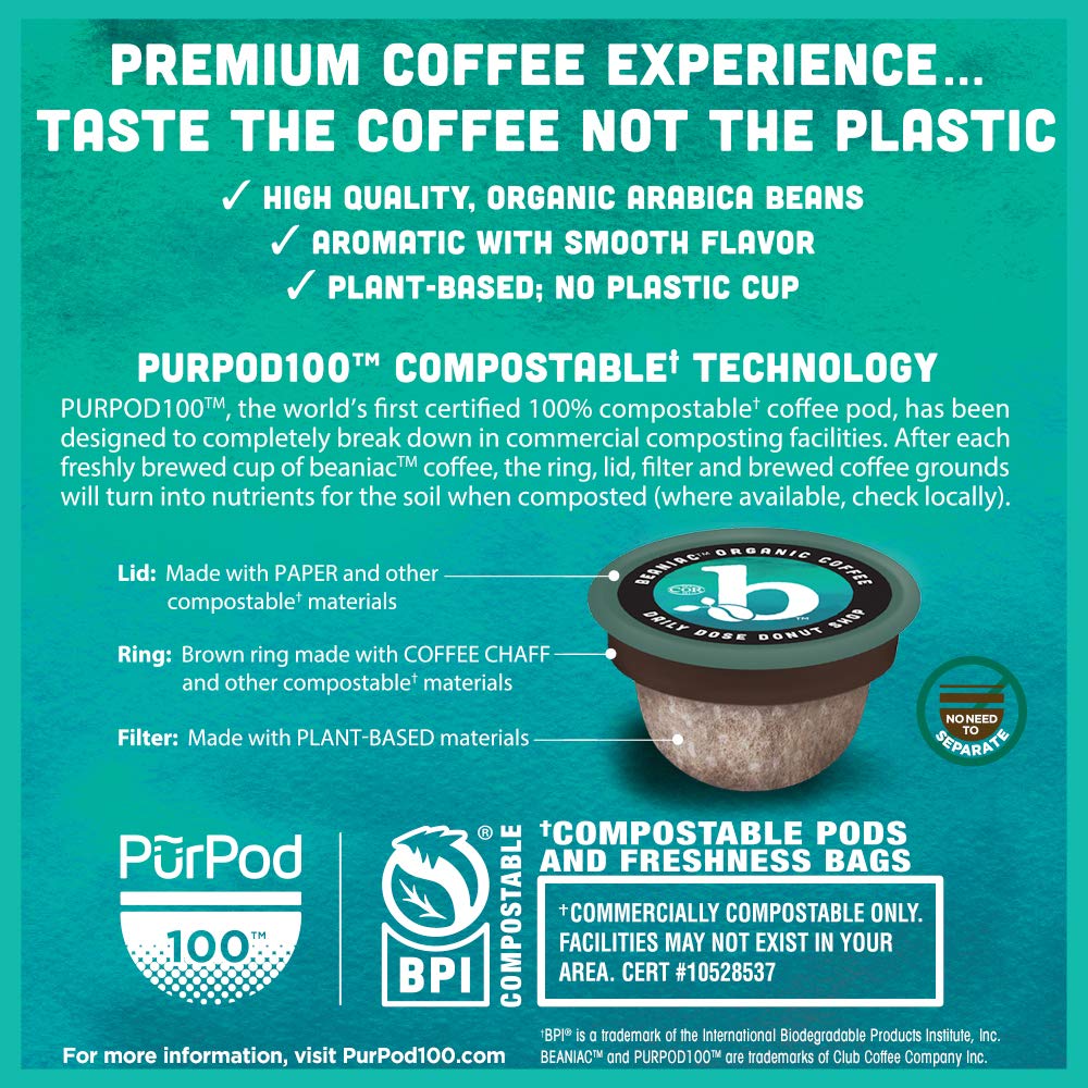 Organic Daily Dose Donut Shop Light Roast Single Serve Compostable Coffee Pods, 30 Count B111
