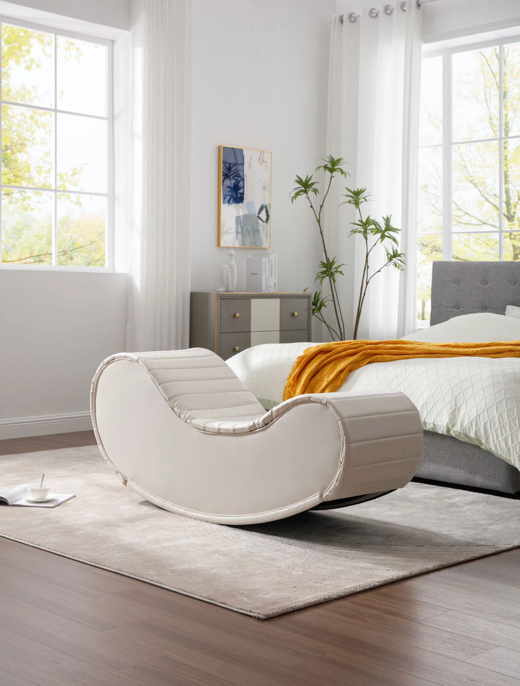 Rocking Leisure Bench, Faux Leather Curved Sofa for Living Room U79075