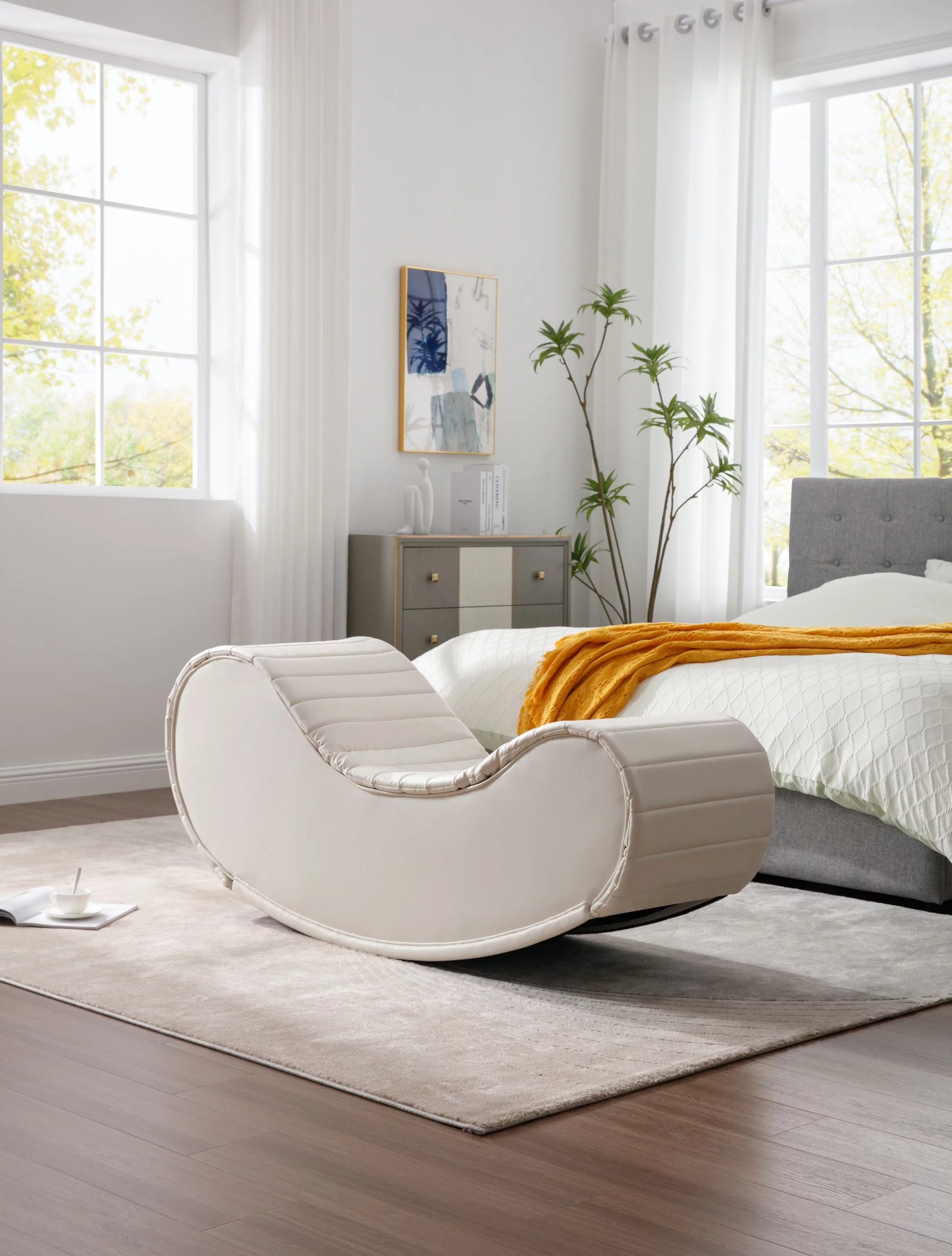 Rocking Leisure Bench, Faux Leather Curved Sofa for Living Room U79075