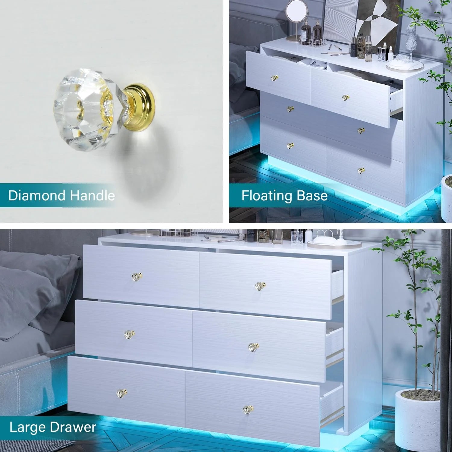 White 6 Drawer Dresser with LED Light for Bedroom Y281024