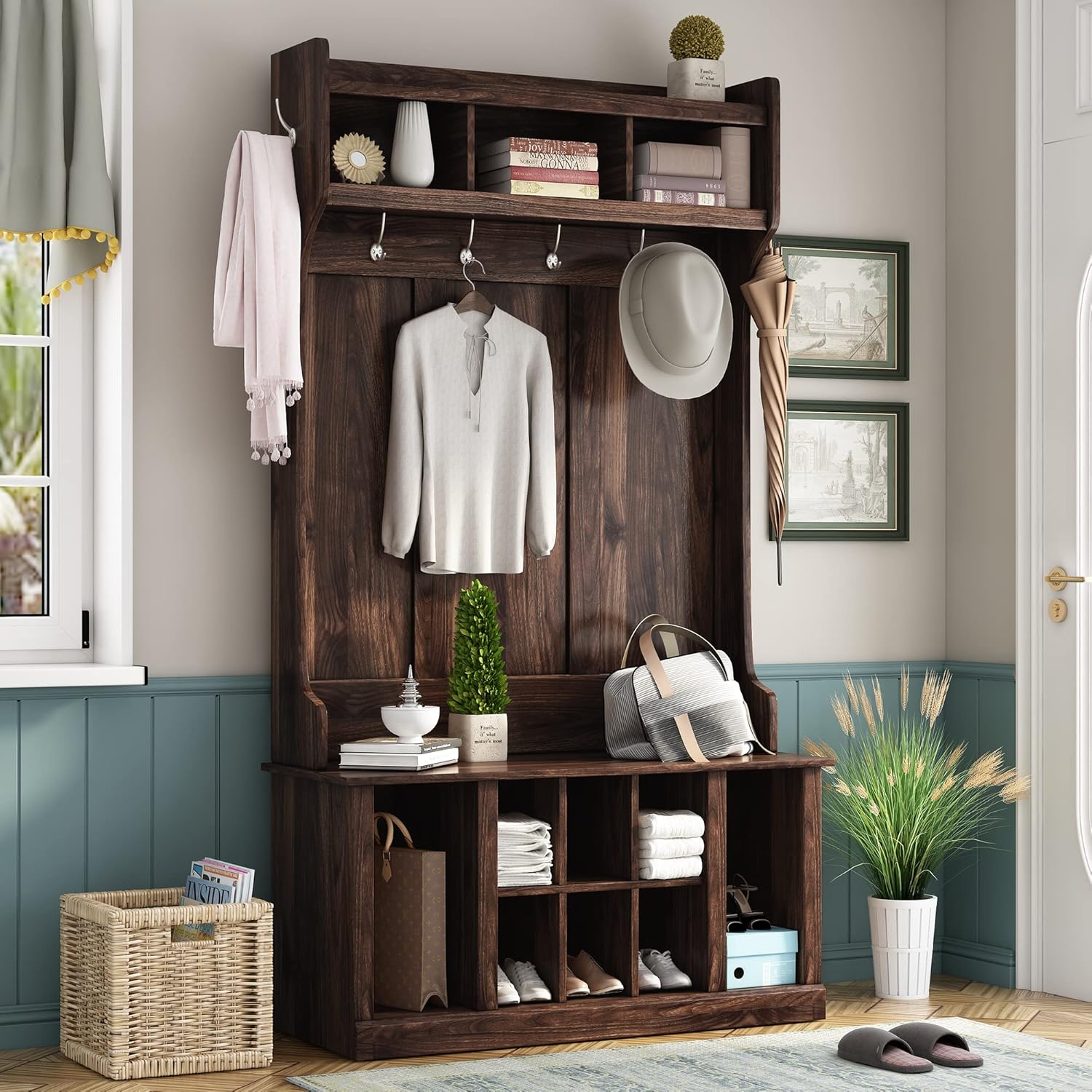 Hall Tree with 6 Hooks, Entryway Bench, Storage Bench D5166