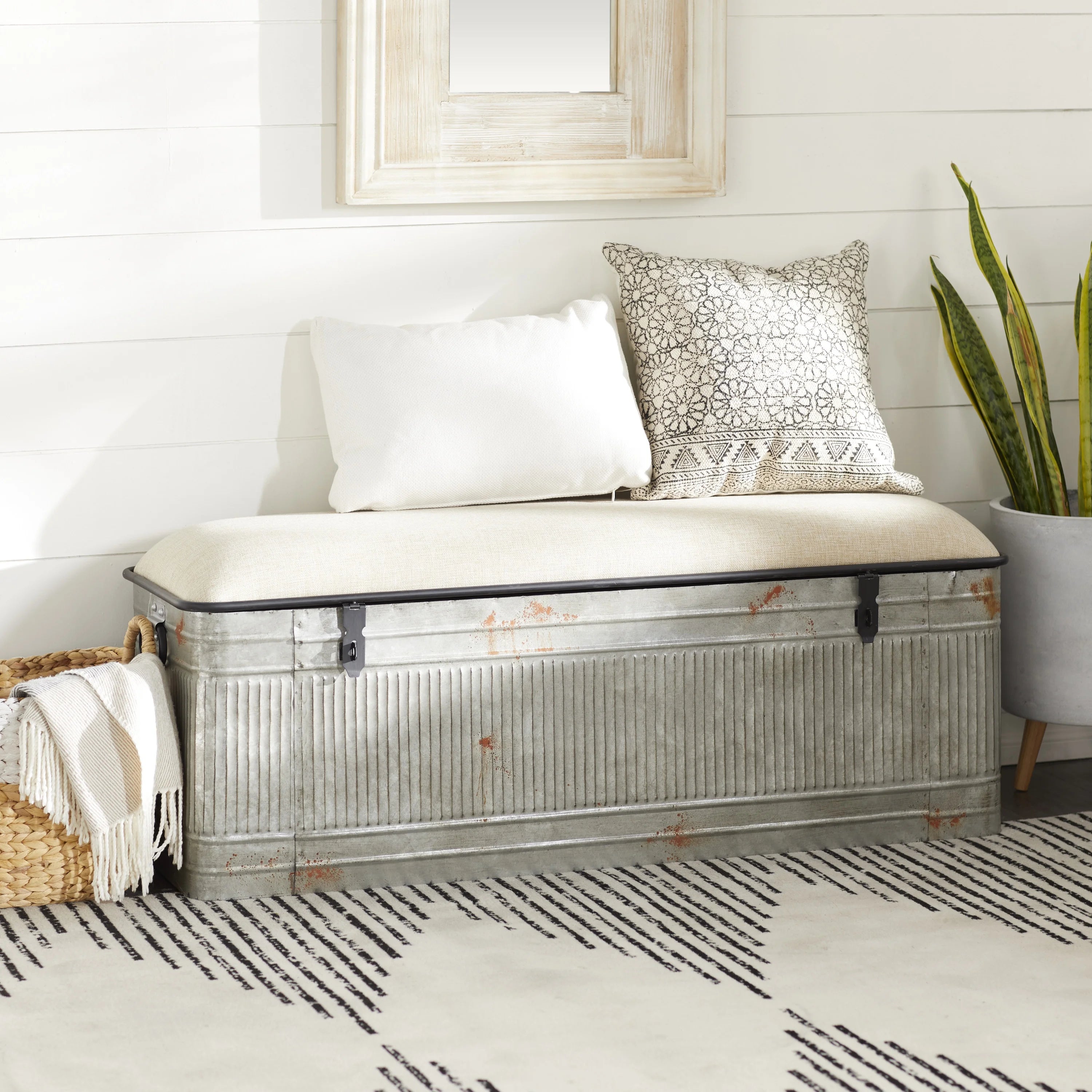 Metal Galvanized Storage Bench with Cream Burlap Top E438064