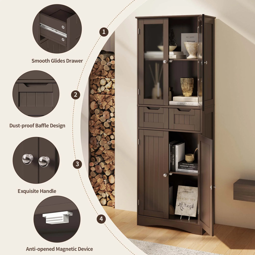 Tall Storage Cabinet with Glass Doors and 2 Drawers, Dark Brown V33192