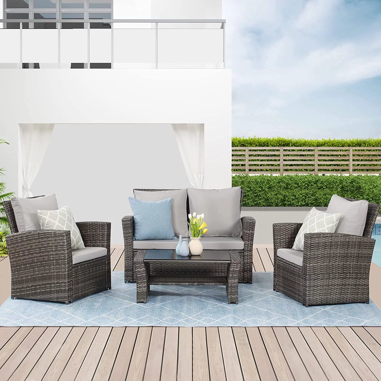 4 Piece Outdoor Patio Furniture Set Wicker Conversation Set with Cushion W1753