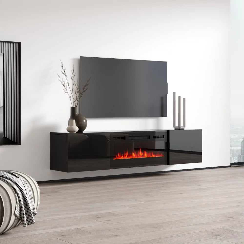 Floating Fireplace TV Stand for TVs up to 80", Modern High Gloss Entertainment Center with Storage I43928