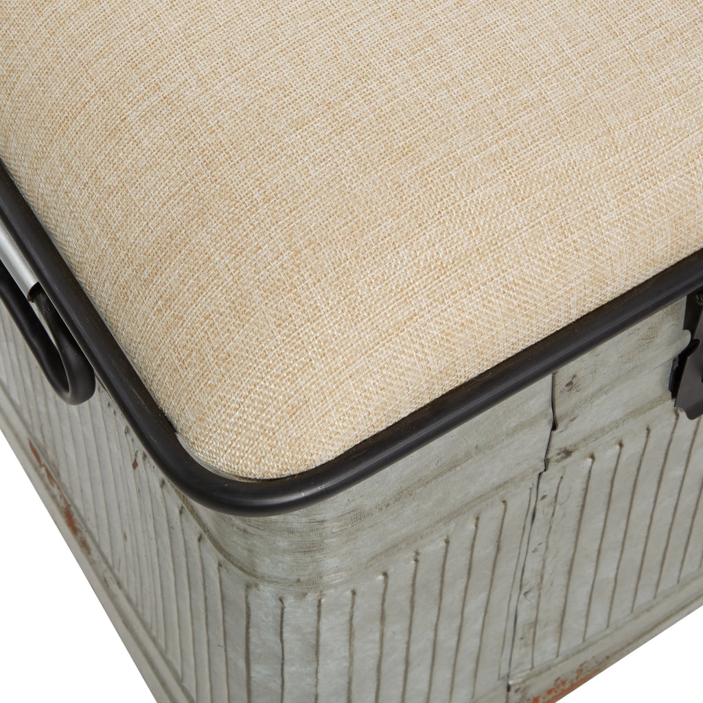 Metal Galvanized Storage Bench with Cream Burlap Top E438064