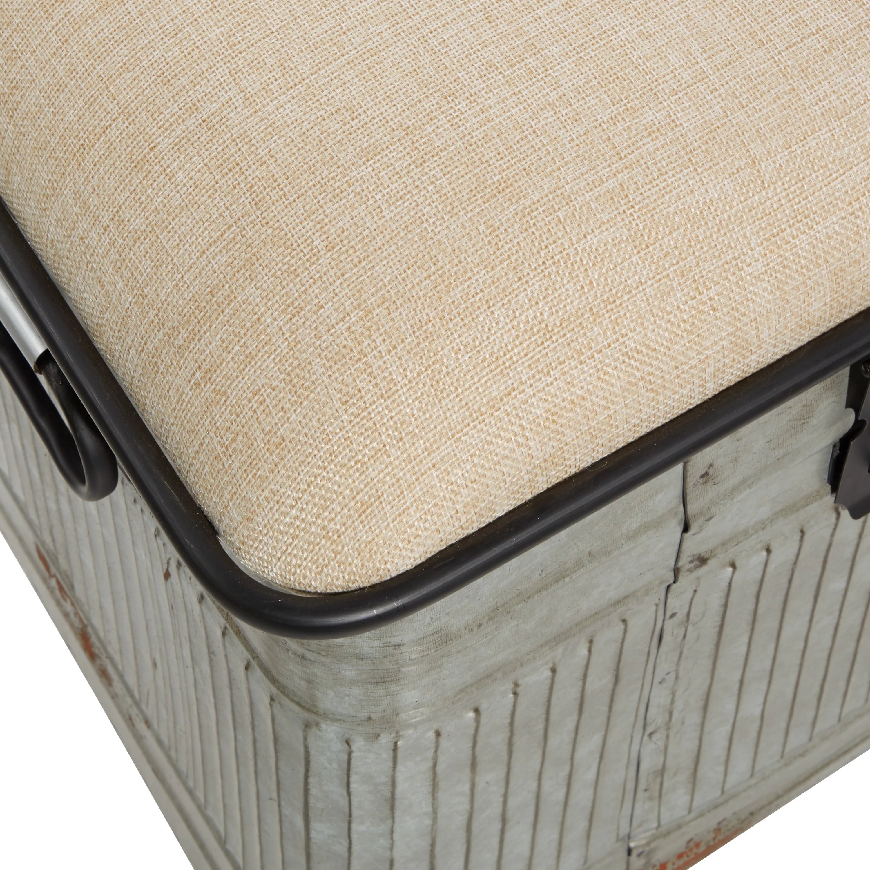 Metal Galvanized Storage Bench with Cream Burlap Top E438064