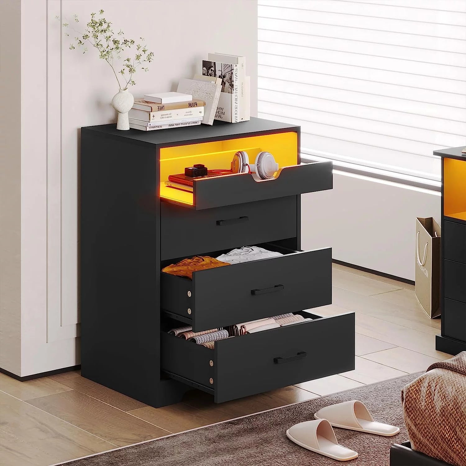 3 Drawers Dresser with LED Lights for Bedroom, Black P281
