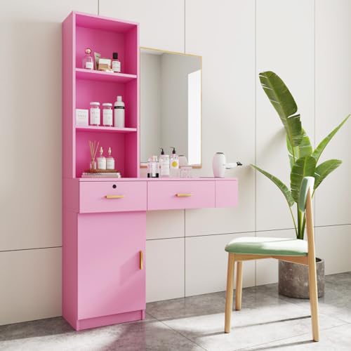 Wood Computer Desk with Drawers and Mirror, Pink D3323