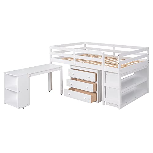 Low Study Loft Bed with Desk and Bookshelf J88891