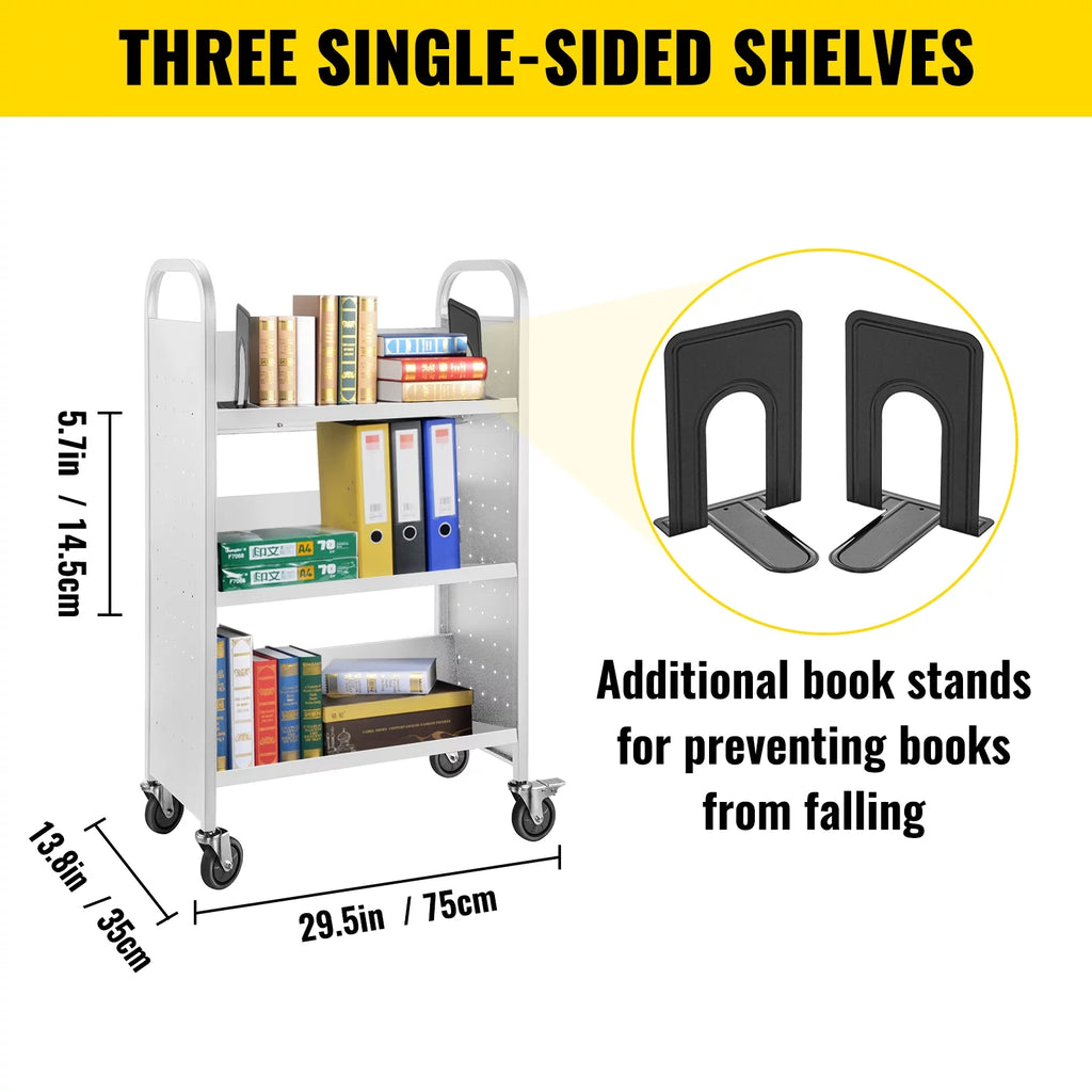 Book Cart Library Cart with V-Shaped Shelves, White M8451
