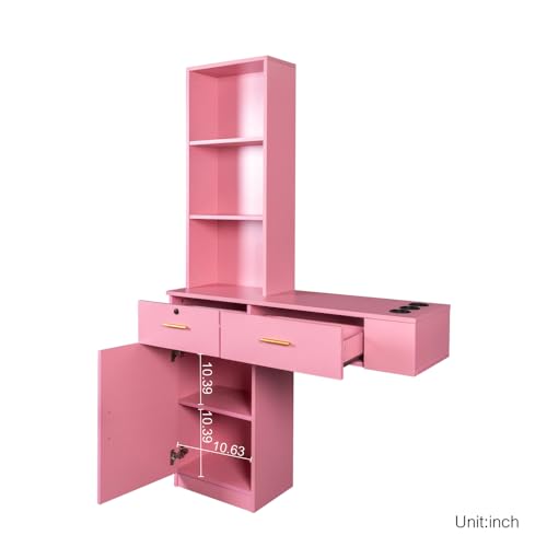 Wood Computer Desk with Drawers and Mirror, Pink D3323