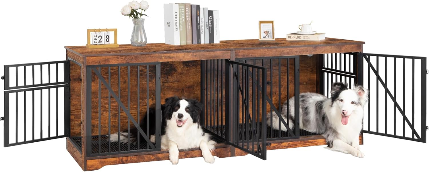 Large Dog Crate Furniture with Divider, Wood Kennel Indoor Side Table Q543944