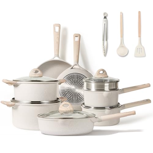 CAROTE 17pcs Pots and Pans Set Non Stick, Kitchen Cookware Sets, Easy to Clean Kitchen Induction Pots and Pans, Pot and Pan Sets for Cooking, Cream White