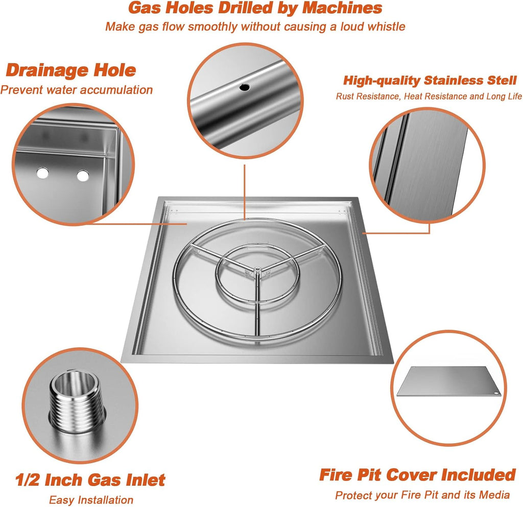 30" x 30" Square DIY Drop-in Firepit System with Stainless Steel Burner Pan, Ring and Cover P63593