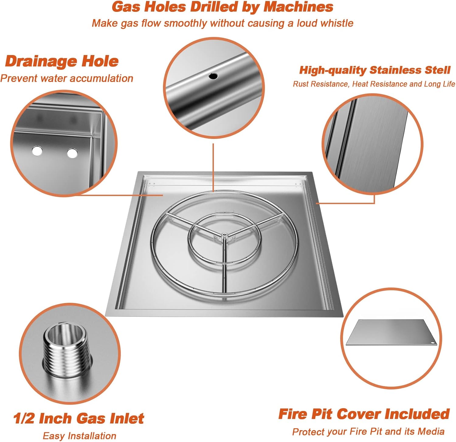 30" x 30" Square DIY Drop-in Firepit System with Stainless Steel Burner Pan, Ring and Cover P63593