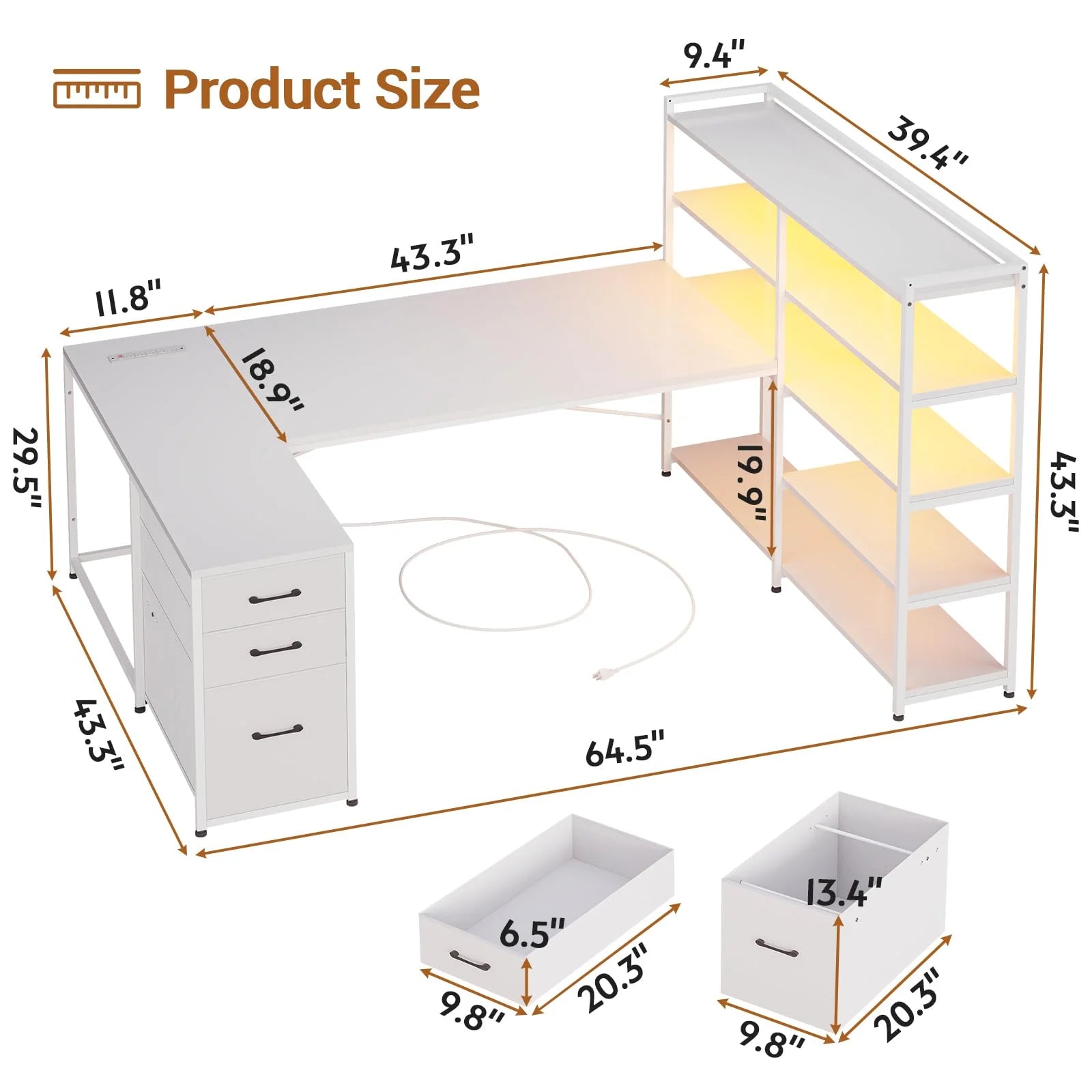 L Shaped Computer Desk with Power Outlet and Storage Shelves C754138