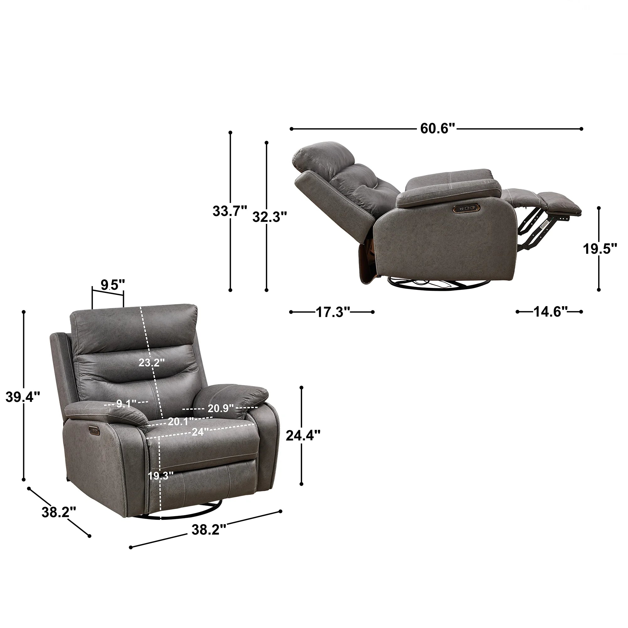 Power Recliner Chair with Swivel and Rocking Function, Gray U426