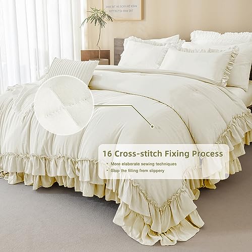Ruffled Comforter Set Queen Size, 3 Pieces Taupe Boho Bedding G122