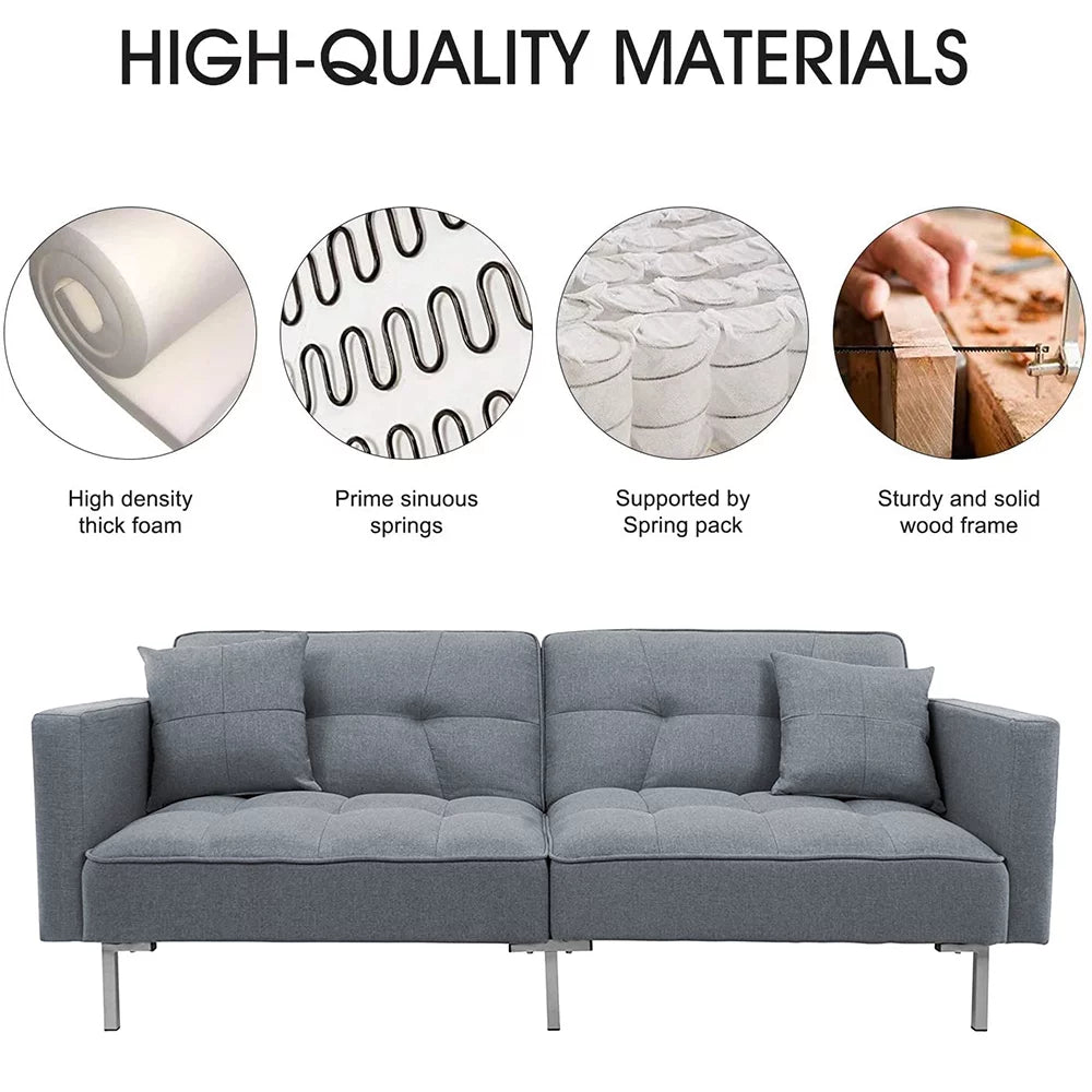 Gray Futon Sofa Bed with 2 Pillows and Metal Legs G114