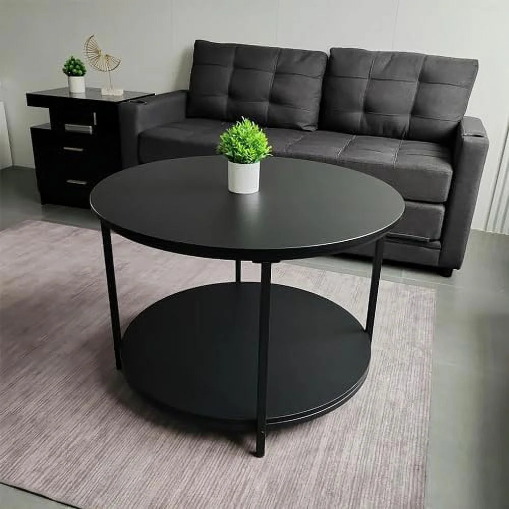 Round Coffee Table 31.5 inch 2-Tier Rustic Wood with Metal Legs L3418
