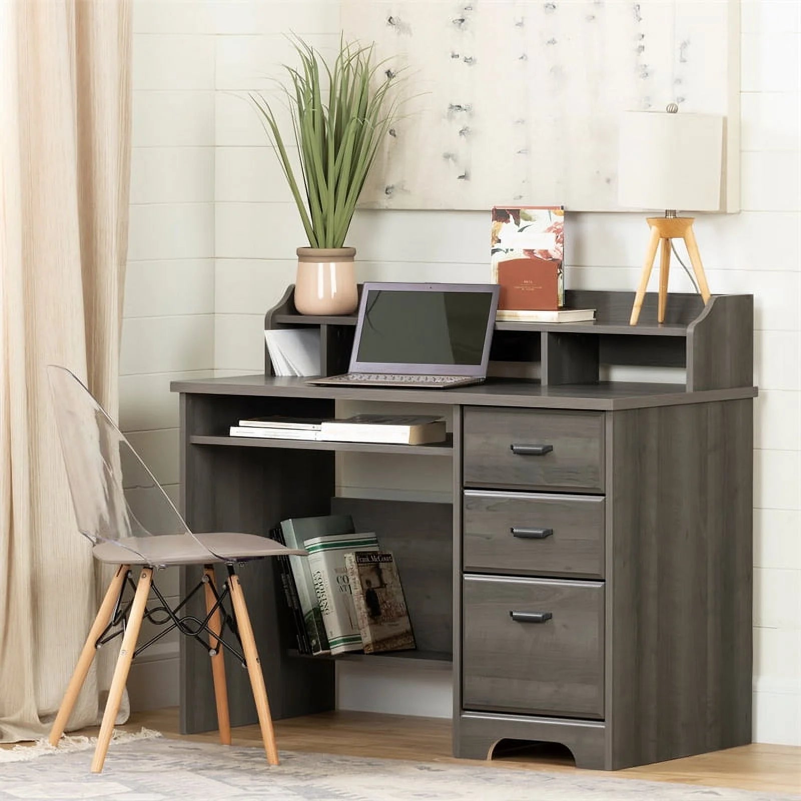 Desk with Hutch and 2-Drawer File Cabinet Set in Gray Maple U9583