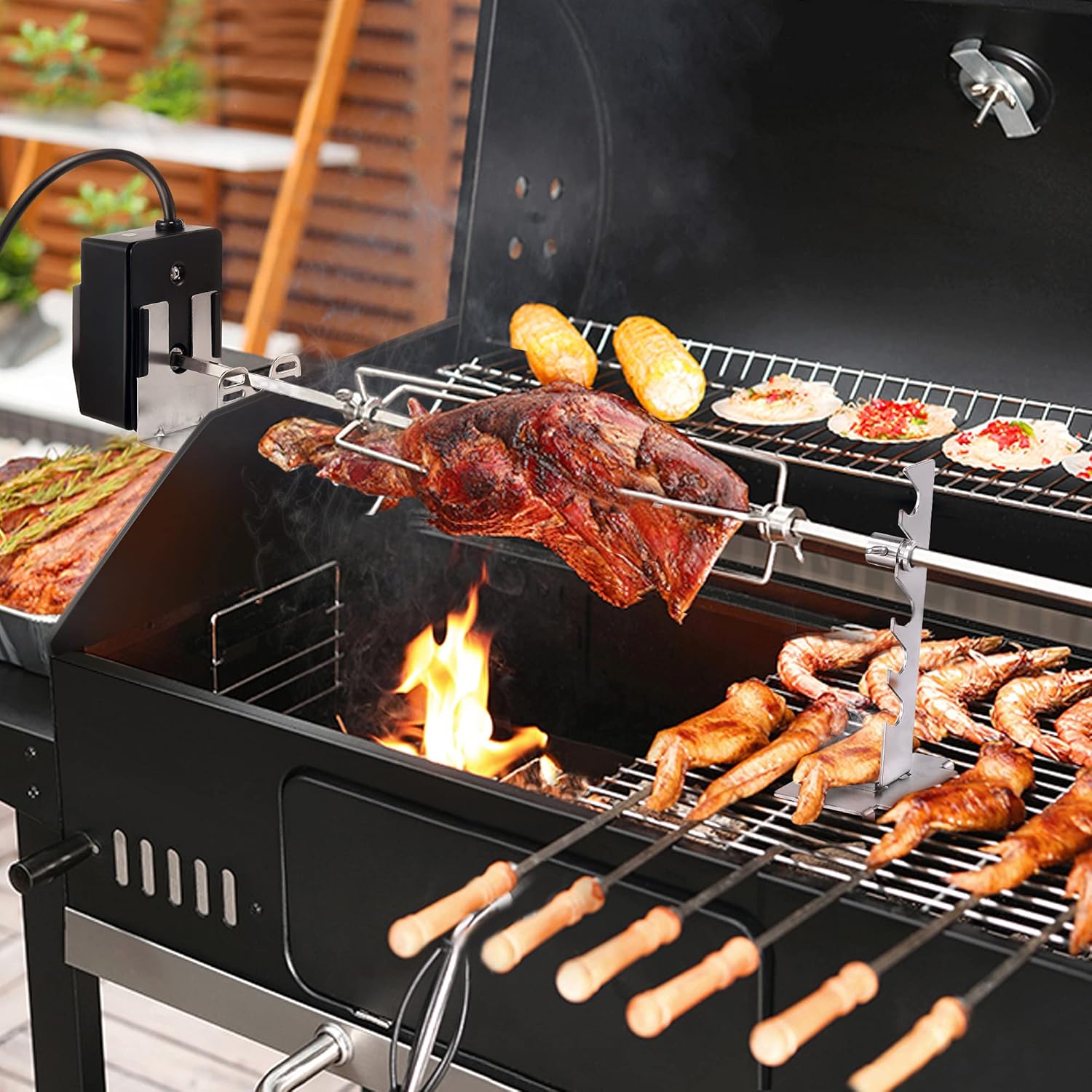 Universal Rotisserie Grill Kit, Automatic Rotating BBQ with Motor and Spit Rod D494