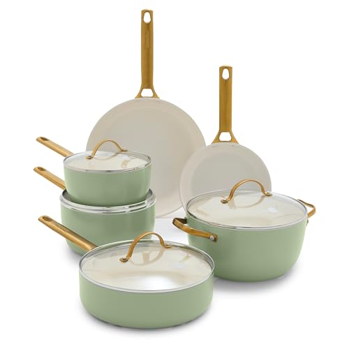 GreenPan Reserve Hard Anodized Healthy Ceramic Nonstick 10 Piece Cookware Pots and Pans Set, Gold Handle, PFAS-Free, Dishwasher Safe, Oven Safe, Twilight Blue