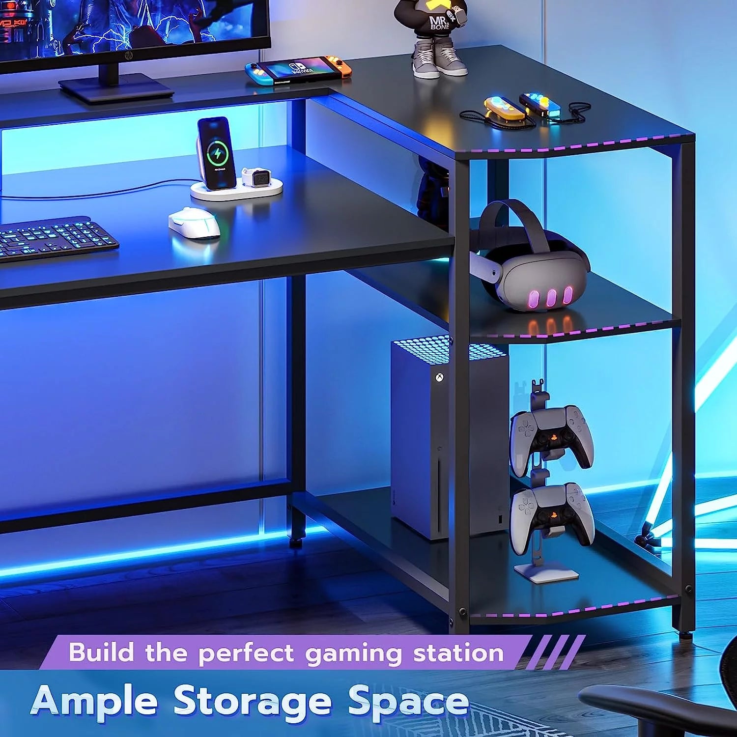 Gaming Desk with LED Lights and Storage Shelves D8814