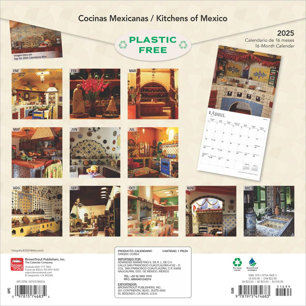 Mexican Kitchens 2025 12 x 24 Inch Monthly Square Wall Calendar, Bilingual English/Spanish, Plastic-Free G7678