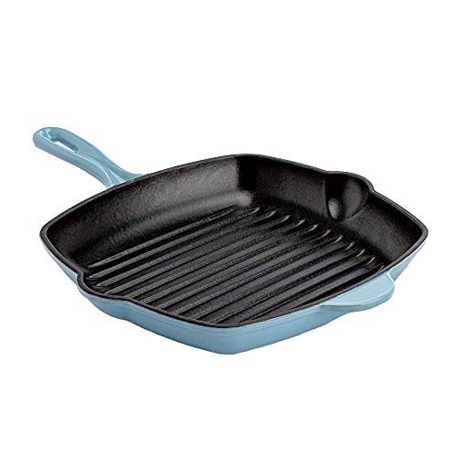 Country Living Enameled Cast Iron Square Griddle Grill Pan with Ridges, Helper Handle and Pouring Spouts for Easy Draining, Indoor Grilling Skillet, 11-Inch, Cream